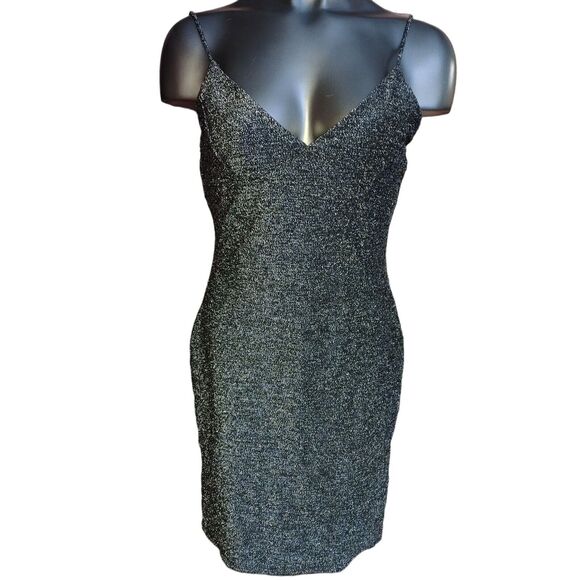 Popular 21 LG Sexy Silver Black Metallic Sparkle Low Cut Slip Bodycon Club Party - Picture 1 of 4